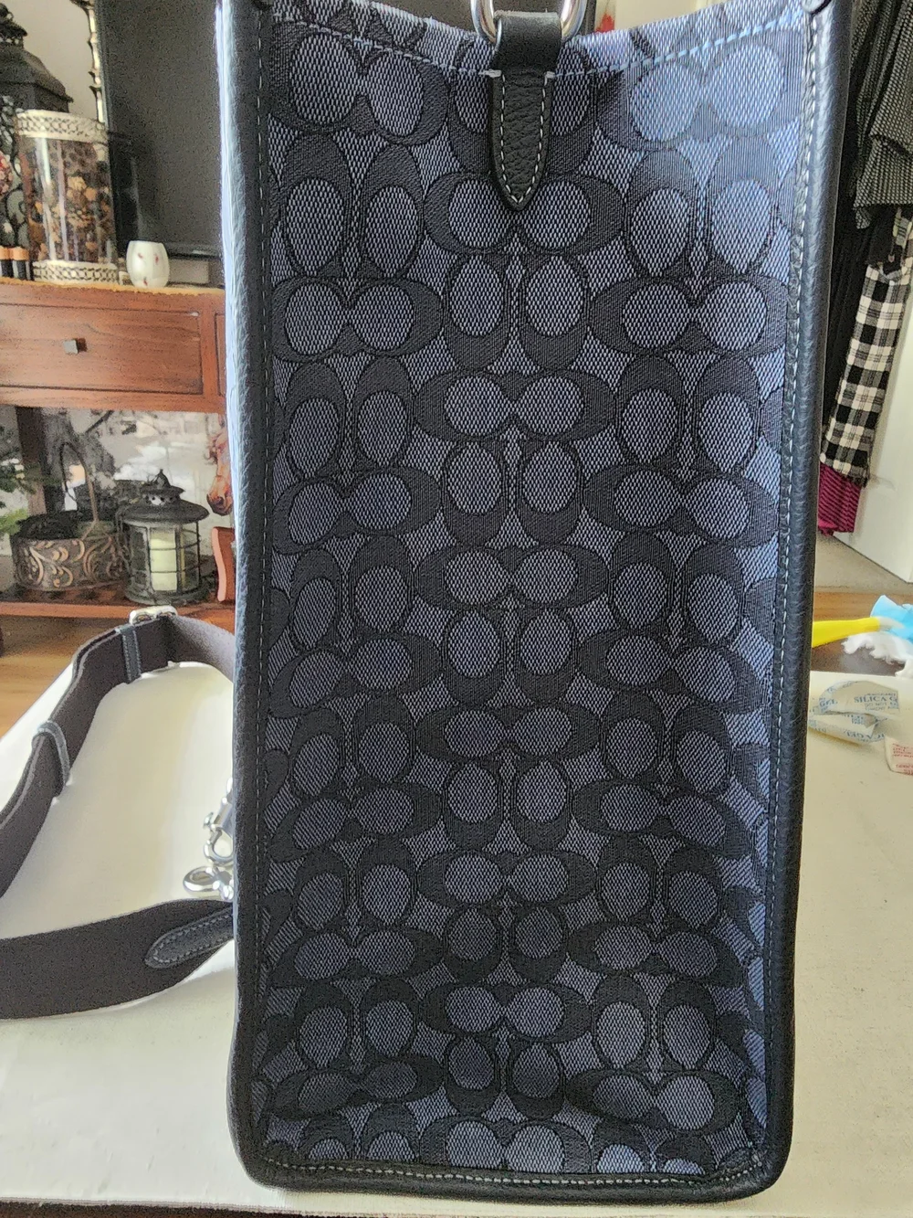 NWT Coach Dempsey Tote 40 In Navy Signature Denim with Stripe and Leather Trim